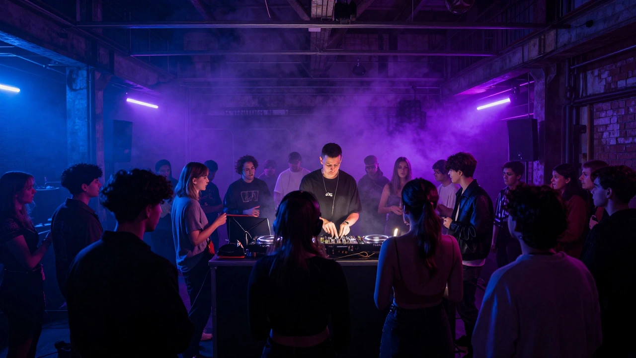 People dancing at a moody, neon-lit underground music event in an industrial warehouse.