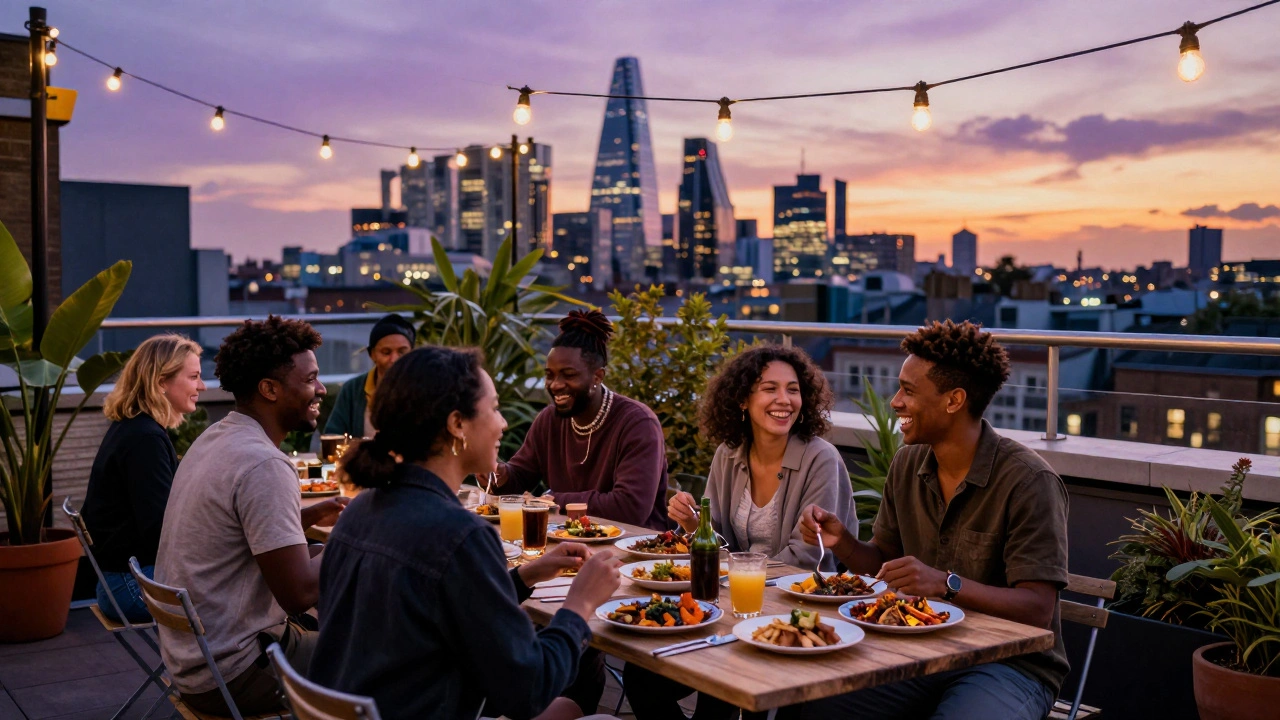 People dining at a sunset rooftop pop-up restaurant in Peckham with city views.