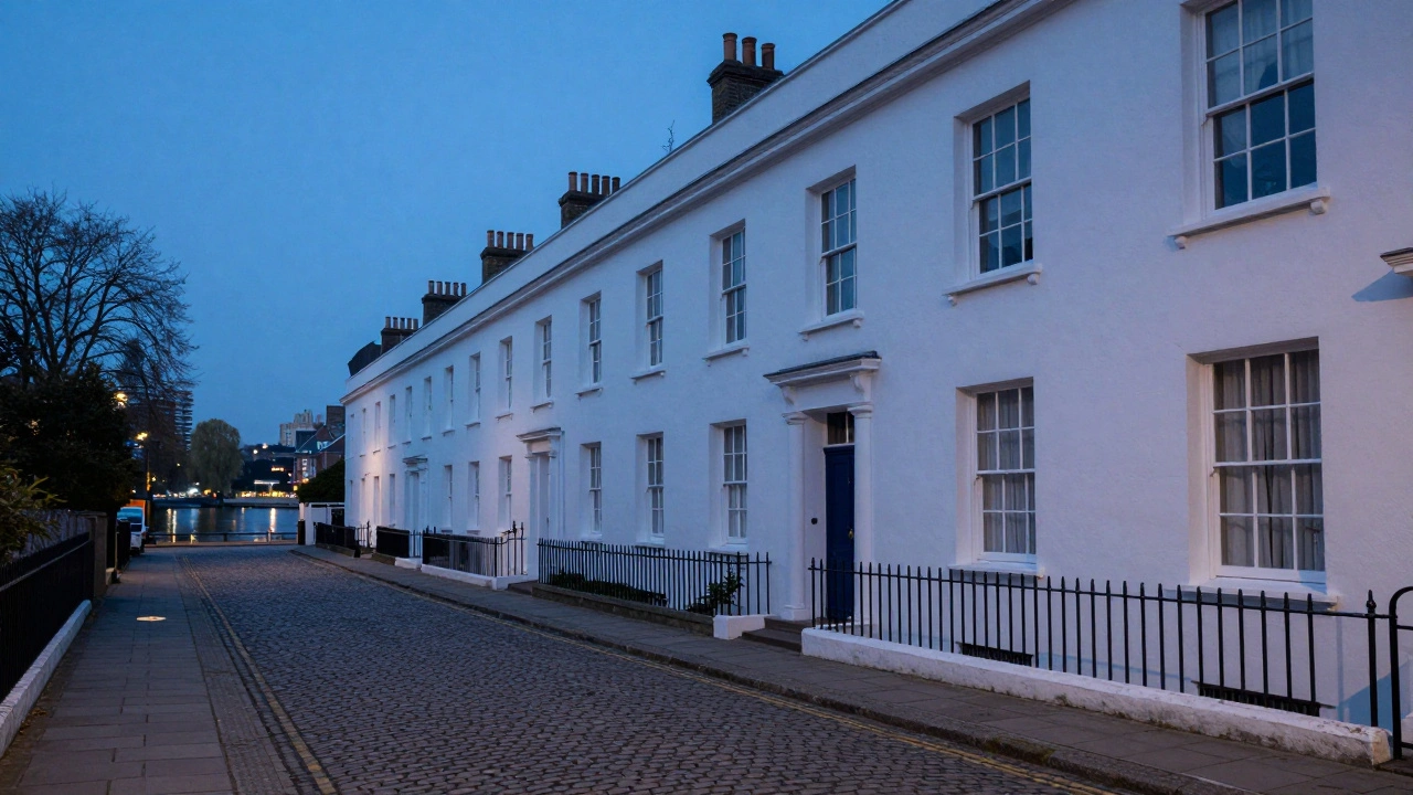 Quiet white stucco buildings and a peaceful street scene in the Pimlico neighborhood.