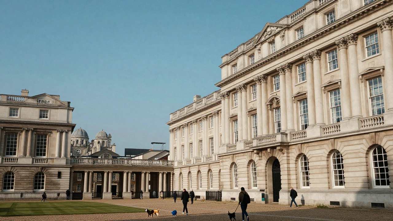 The historic Baroque architecture of the Old Royal Naval College with people walking by