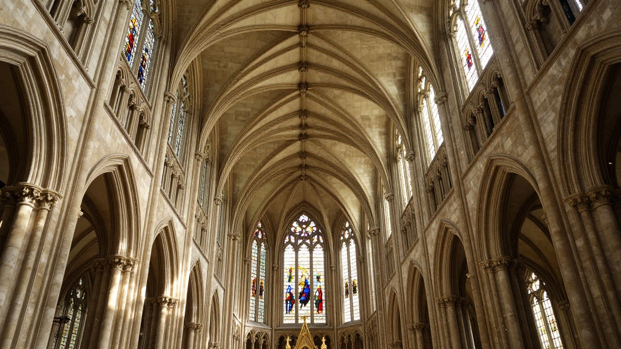 The intricate fan-vaulted ceiling of King's College Chapel illuminated by natural light.