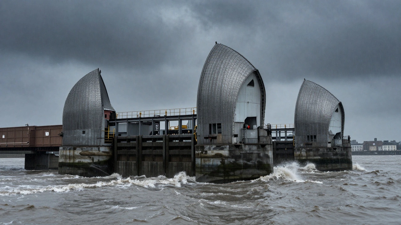 The massive steel Thames Barrier closed during a stormy surge with dark, churning river water