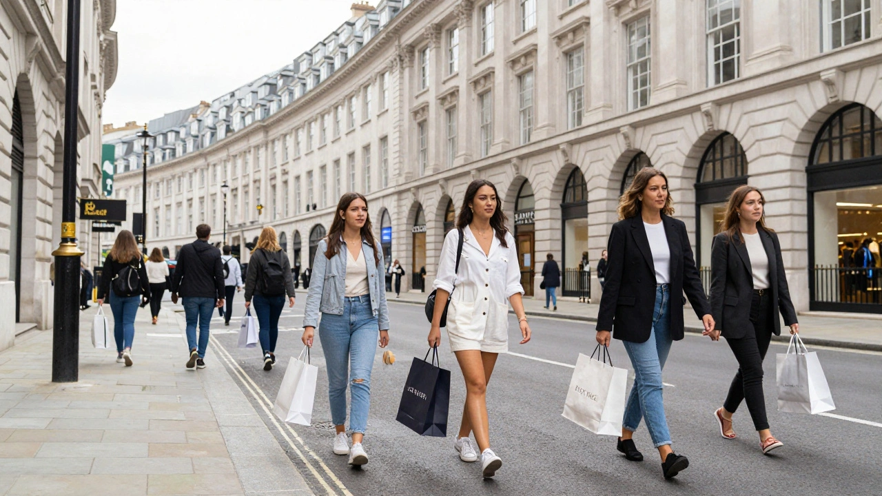 Trendy shoppers with shopping bags walking along the curved Regent Street in London