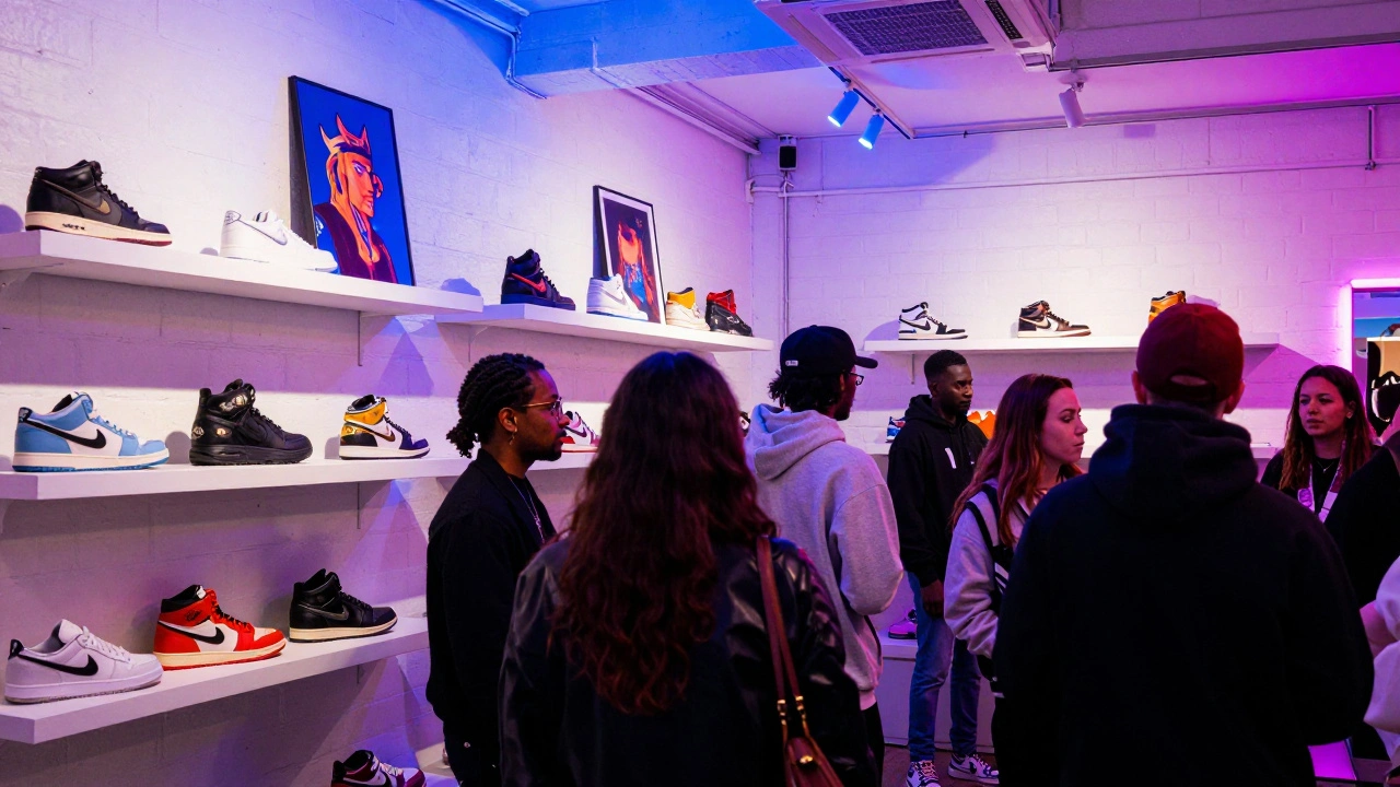Trendy sneaker boutique in Soho with neon lights and limited edition shoes.