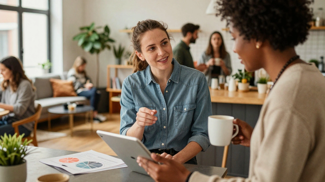 Two creative professionals collaborating over coffee in a vibrant communal kitchen area.