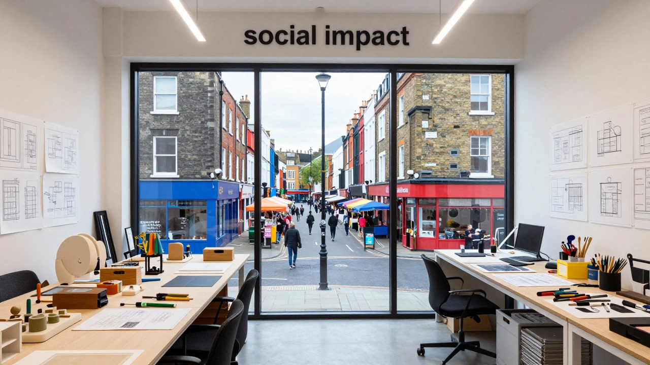 View from inside a creative studio looking out toward a colorful and busy Brixton street.