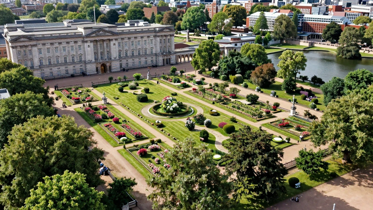Aerial view of the lush private gardens behind Buckingham Palace