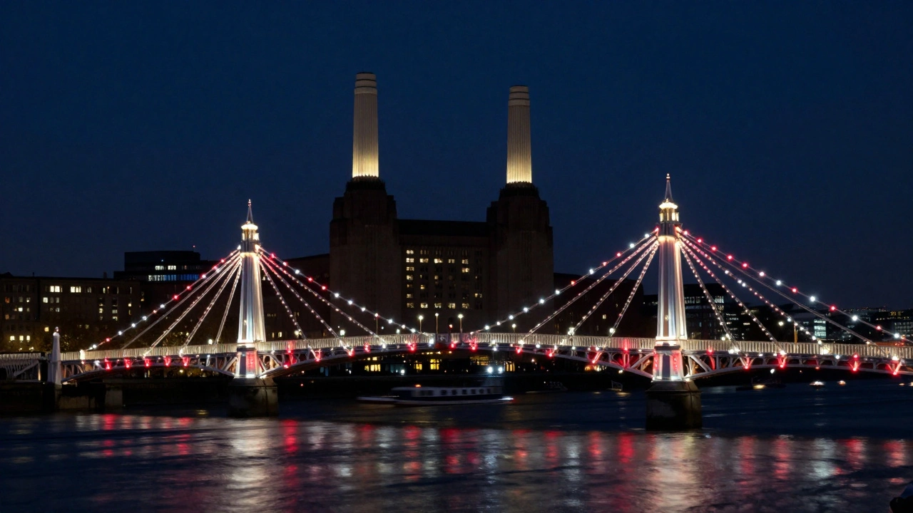 Albert Bridge lit with red and white lights at night