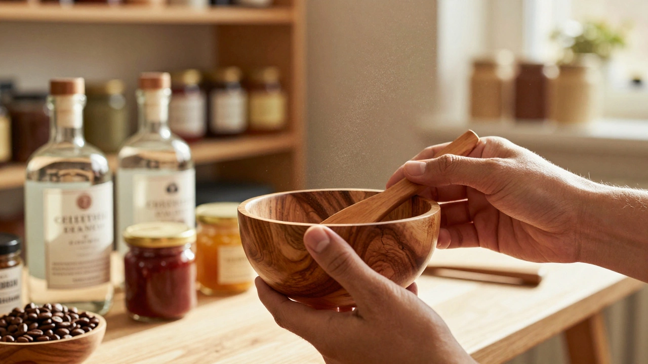 Artisan crafting wooden bowl in a Hackney workshop with gin and food