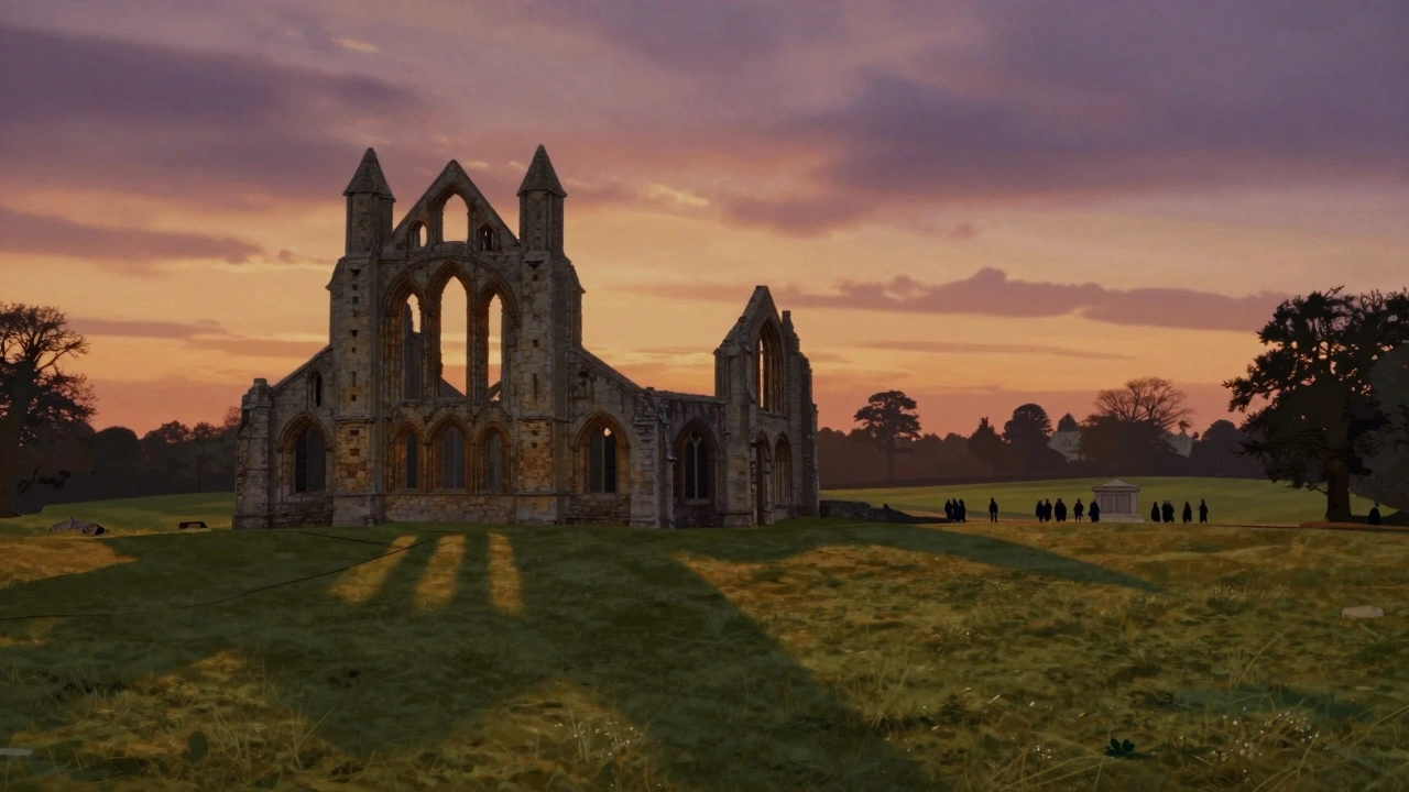 Battle Abbey ruins at sunset with a view of the historic battlefield grounds.