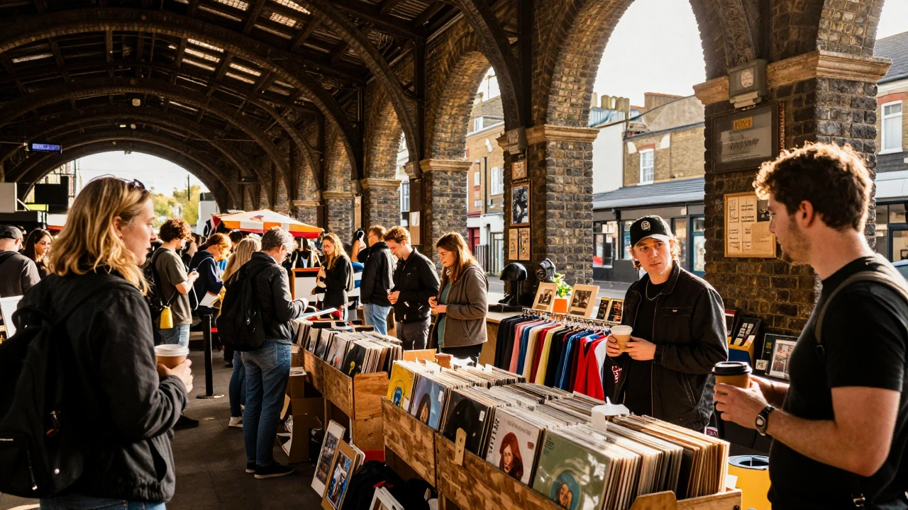 Bustling vintage market stall under a railway arch in Peckham