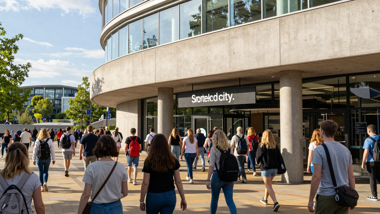 Busy exterior of Westfield Stratford City with crowds