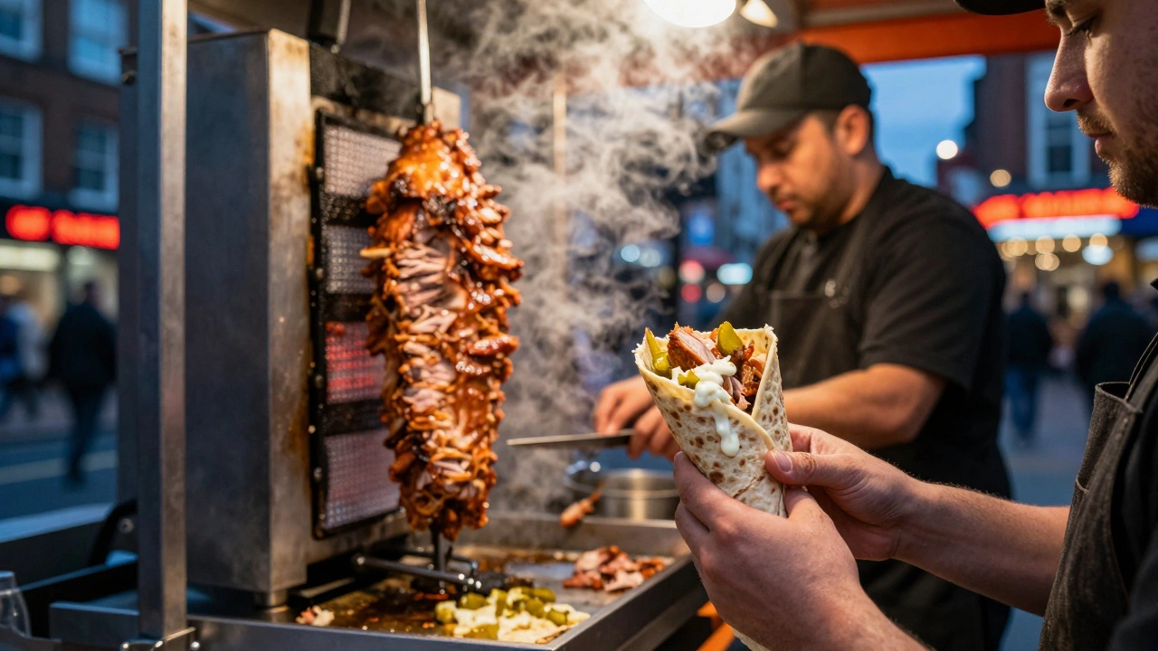 Chef preparing a fresh shawarma wrap at a busy London street food stall with steam rising.
