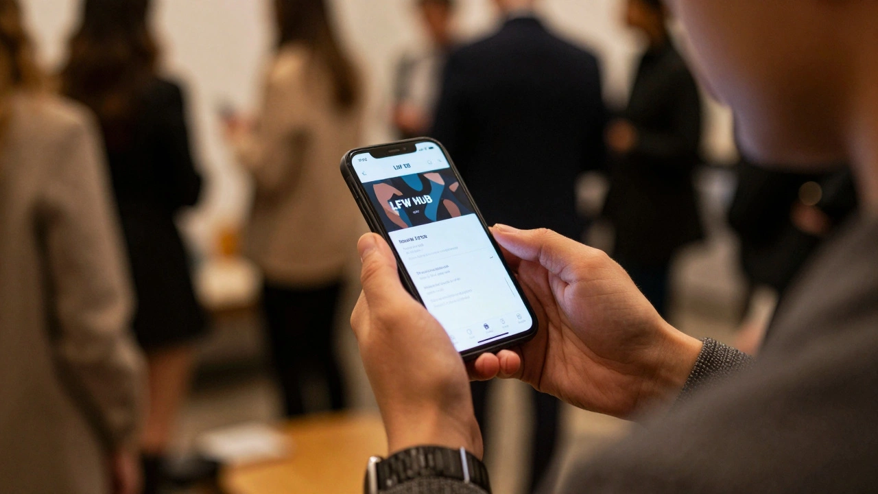 Close-up of a person holding a phone with a digital fashion week ticket