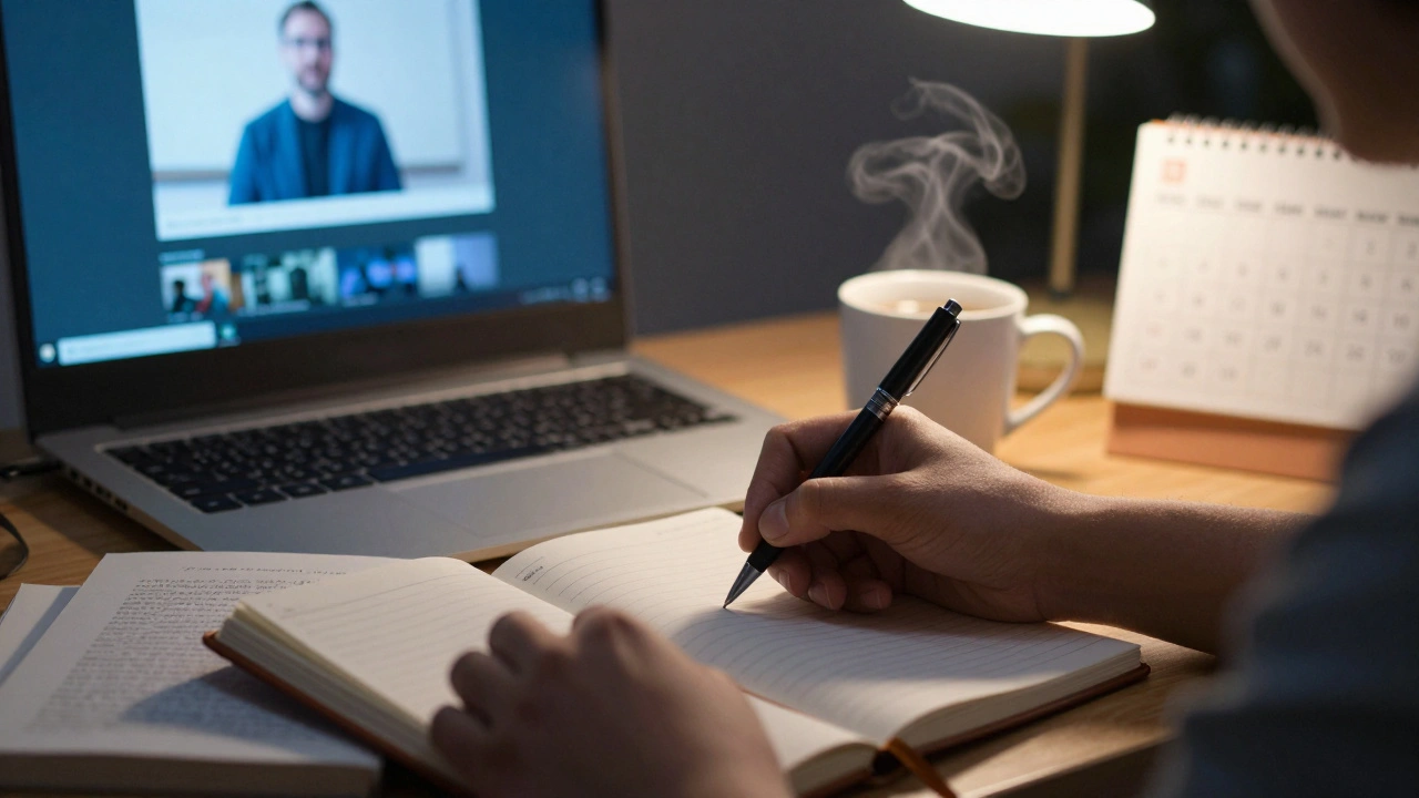 Close up of student taking notes during an online lecture