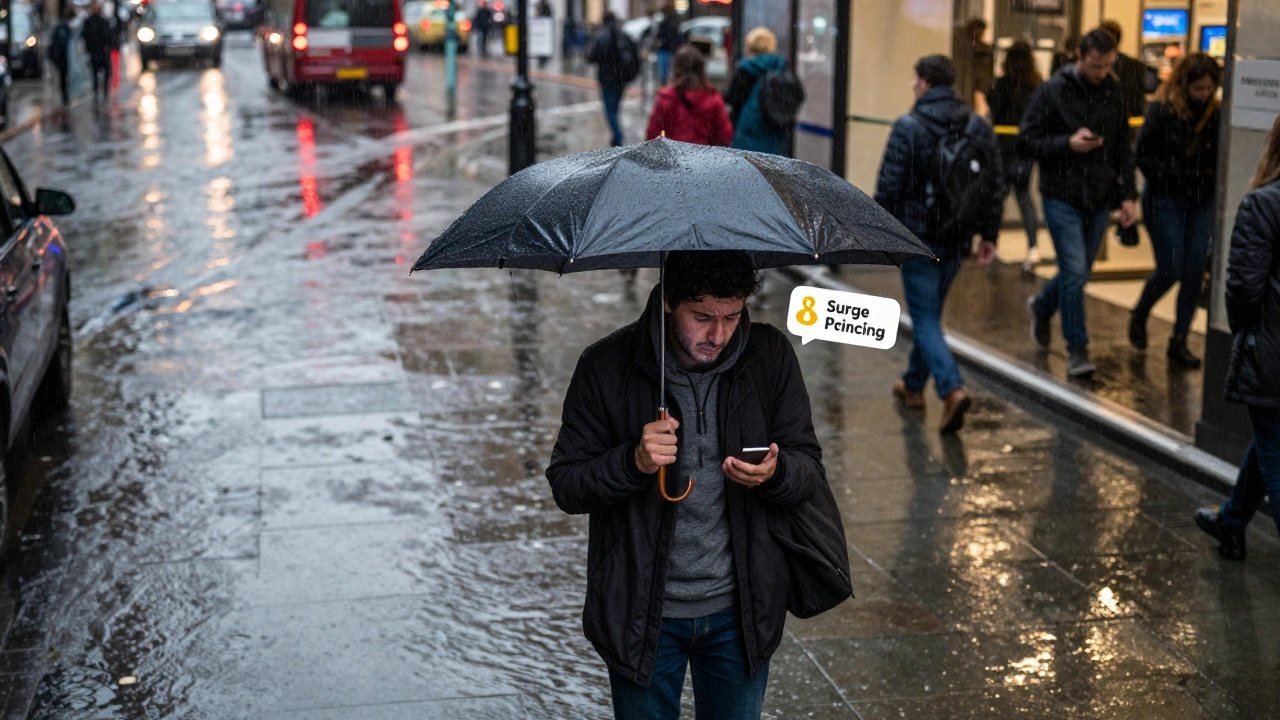 Commuter in rain checking phone near tube station with surge pricing alert