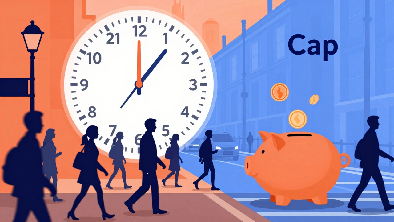 Commuters rushing at peak hour with visual metaphor of fare cap savings