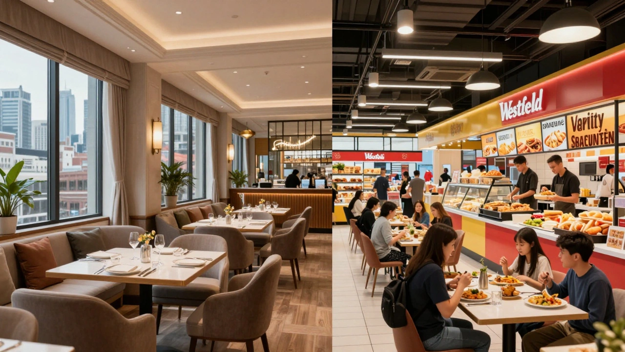 Comparison of luxury dining vs casual food court vibes
