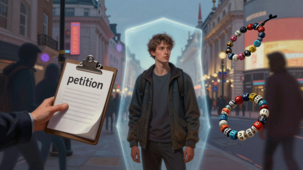 Conceptual art showing tourist avoiding common scams like petitions and bracelets