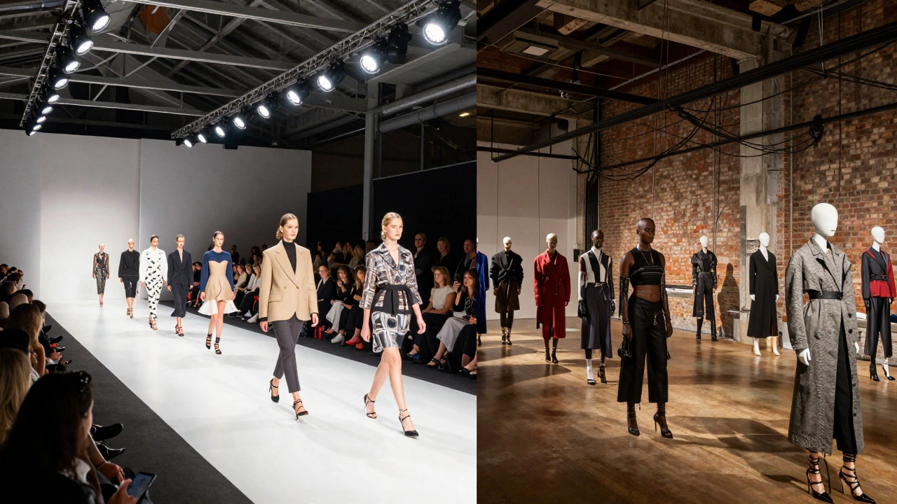 Contrast between a luxury runway show and an industrial venue in Shoreditch