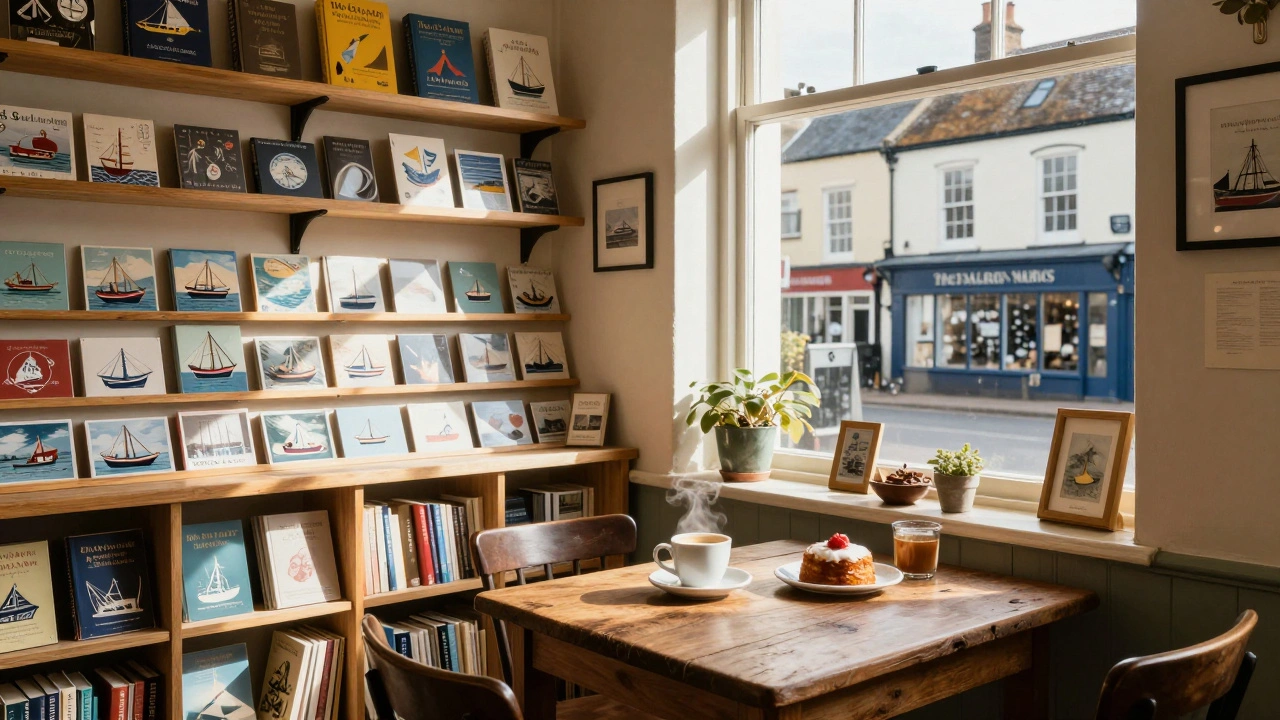 Cozy interior of a Whitstable cafe with books and coffee