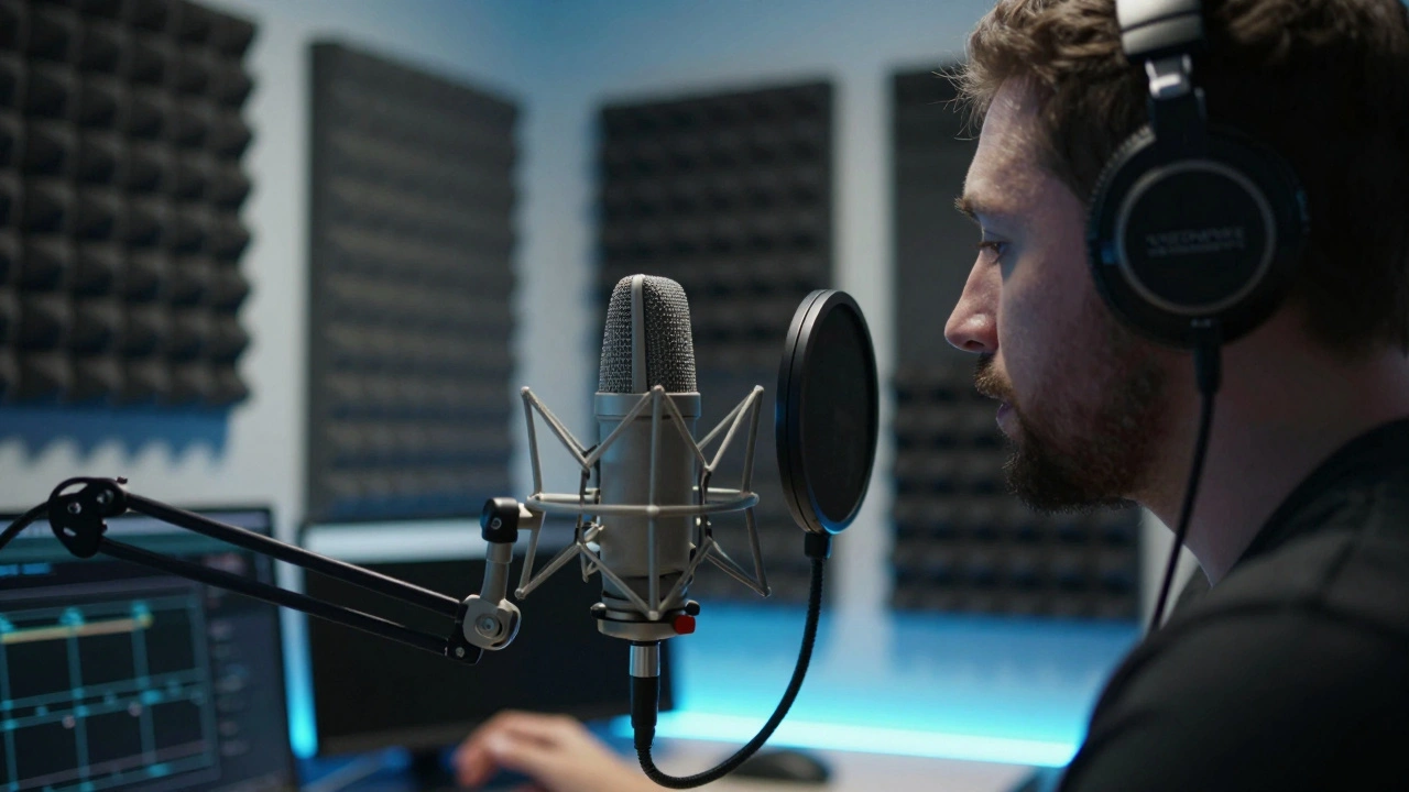 Creator recording audio in a soundproof booth with modern lighting.