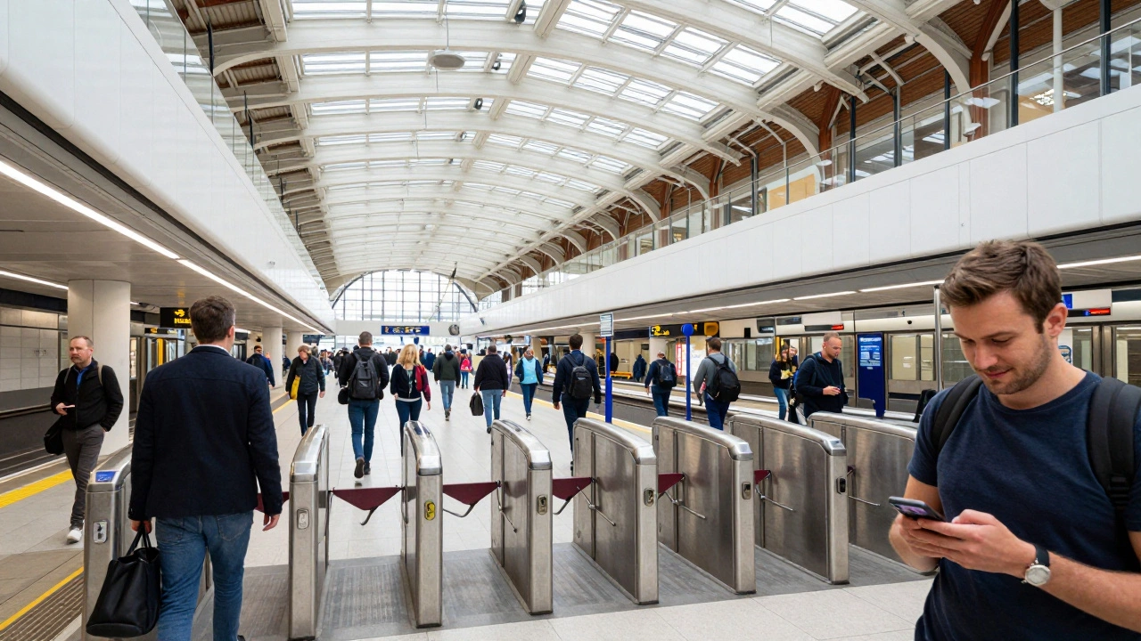 Crowded London Underground platform showing seamless daily commuting