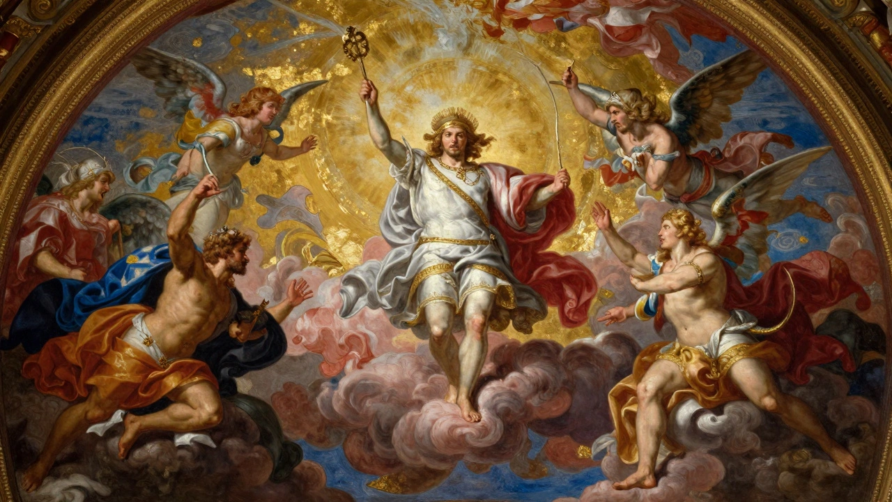 Detail of Rubens' ceiling painting depicting King James I ascending to heaven in gold and color.