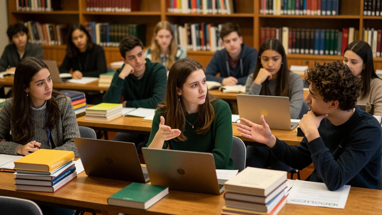Diverse students debating intently in a warm, book-filled LSE seminar room