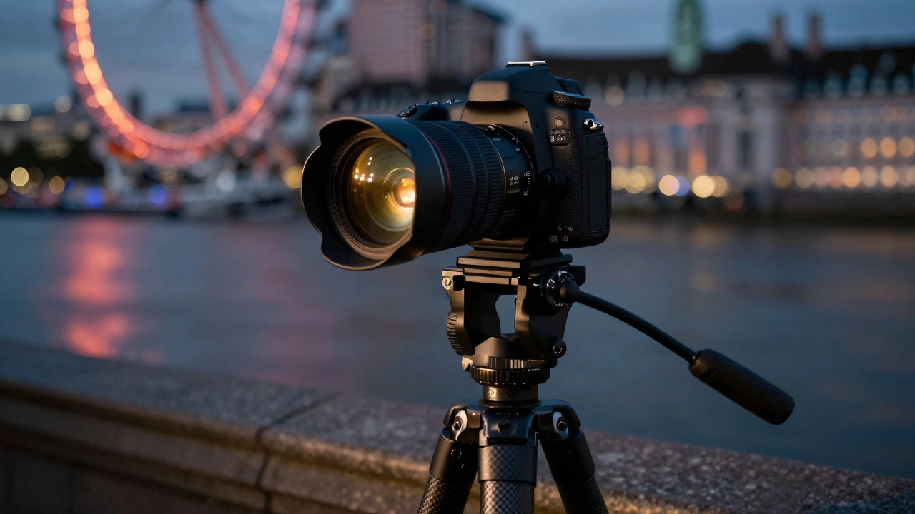 DSLR camera on tripod with ND filter reflecting London lights