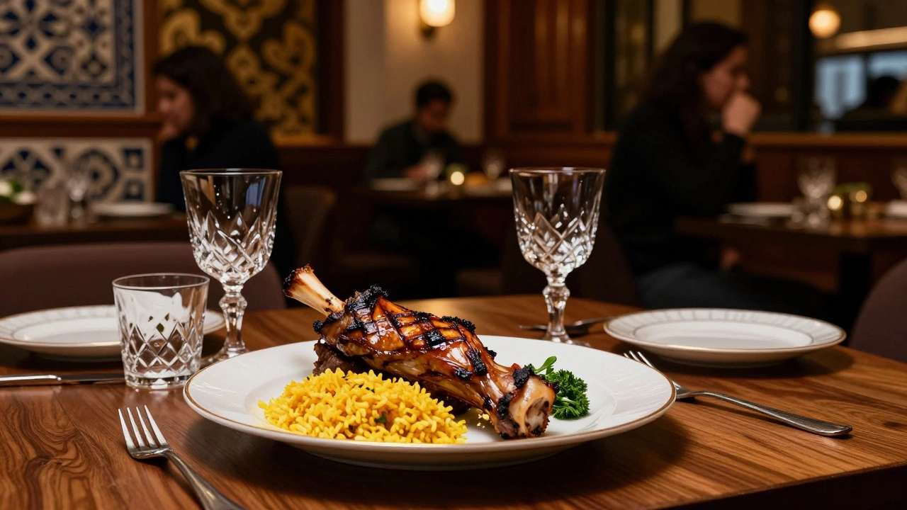 Elegant dinner setting with grilled lamb, saffron rice, and wine in a sophisticated Persian restaurant.