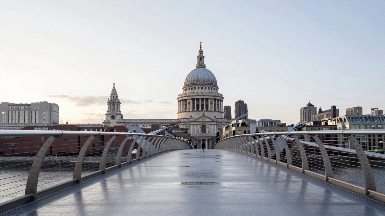Empty Millennium Bridge leading to St Paul's Cathedral at dawn