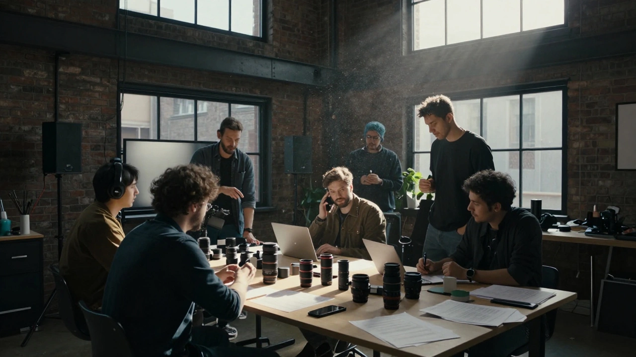 Filmmakers collaborating with equipment in an industrial creative studio.