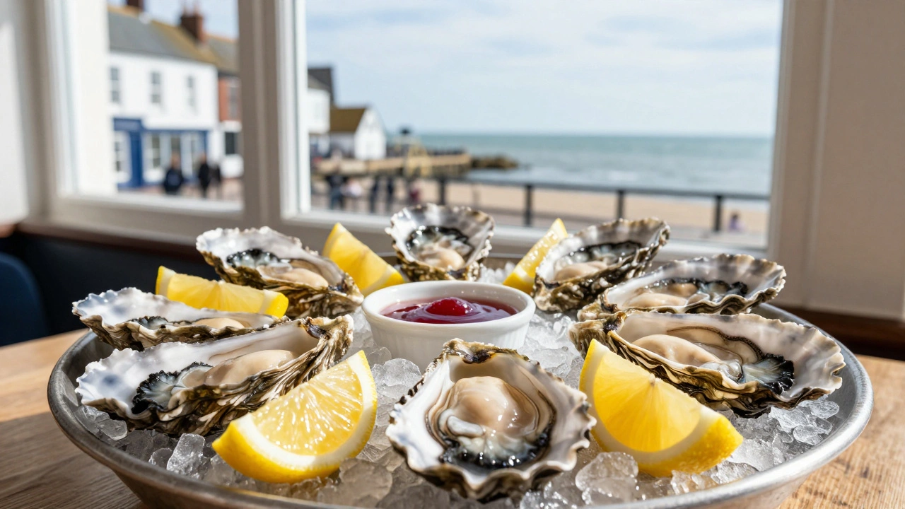 Fresh oyster platter with sea view from a Whitstable restaurant