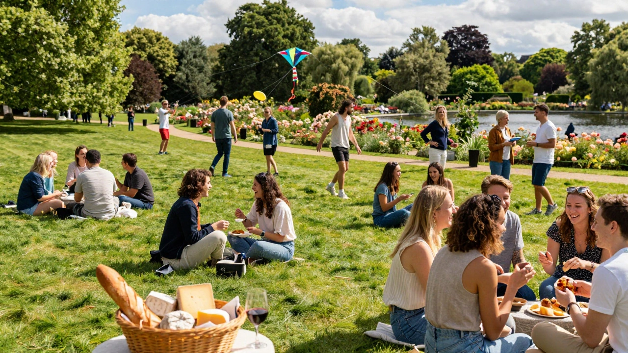 Friends picnicking on lawns at Regent's Park