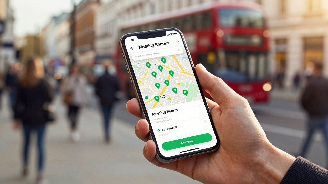 Hand holding smartphone booking a meeting room against busy London street