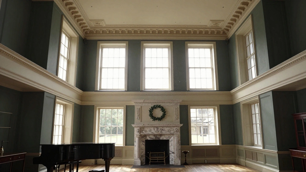 High-ceilinged Georgian drawing room with sash windows and fireplace
