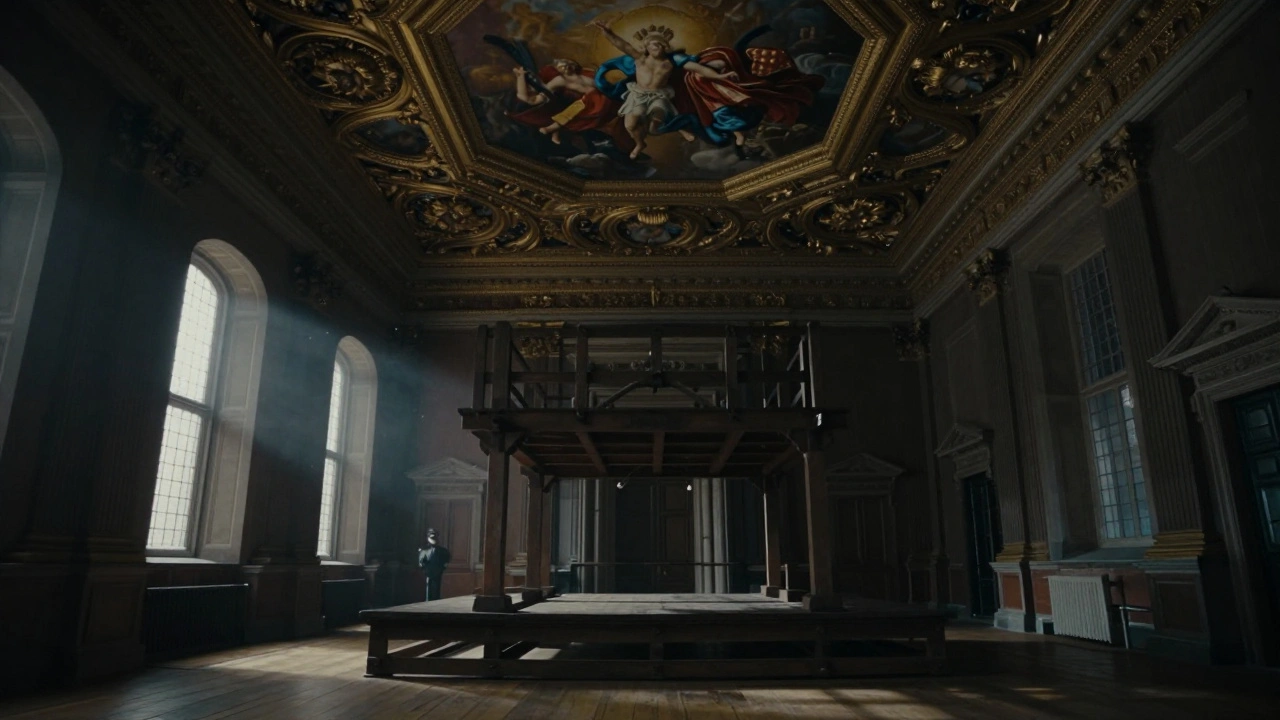 Historical scene of the execution scaffold under the Banqueting House's ornate ceiling.