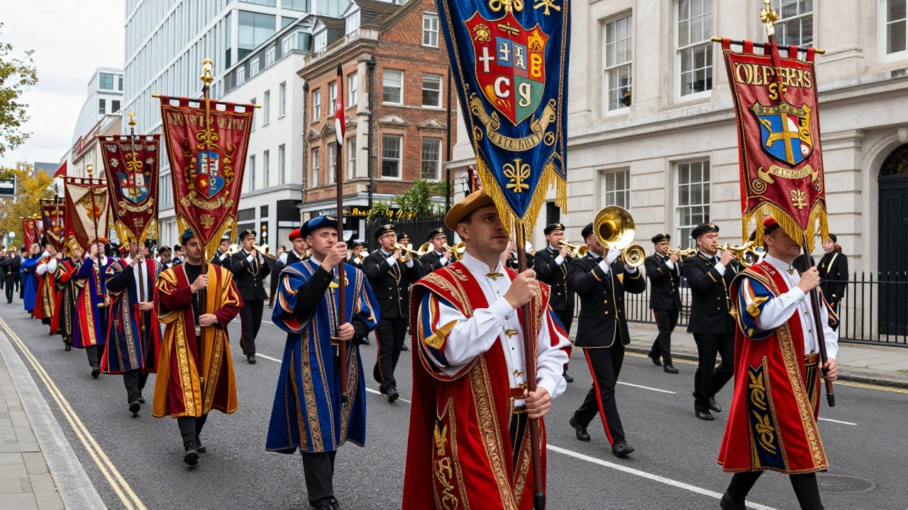 Livery Company members in colorful robes marching with banners