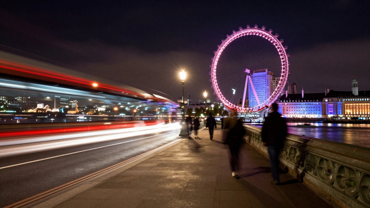 Long exposure light trails and blurred crowds near London Eye