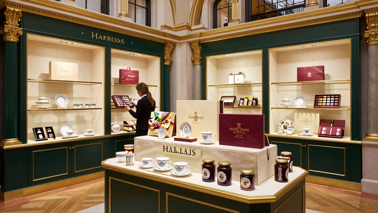 Luxury gift display with tea and chocolates in a Knightsbridge store