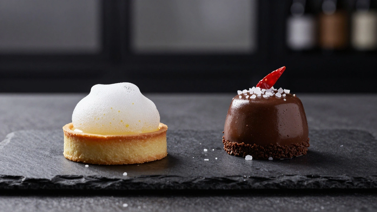 Modern artistic plated desserts with foam and chocolate mousse