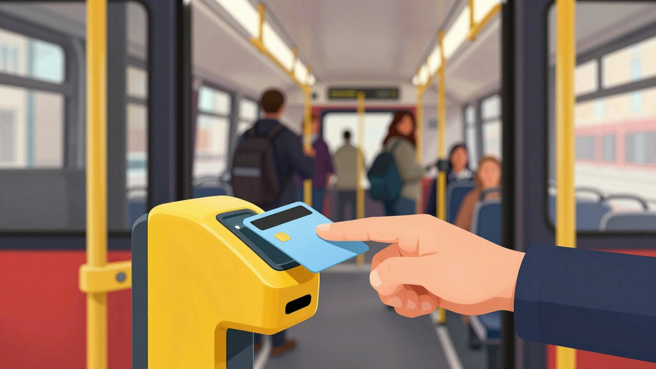 Passenger tapping contactless card on bus fare reader
