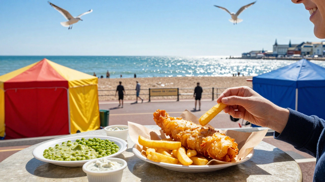 Person eating fish and chips on the Hastings seafront near market stalls.