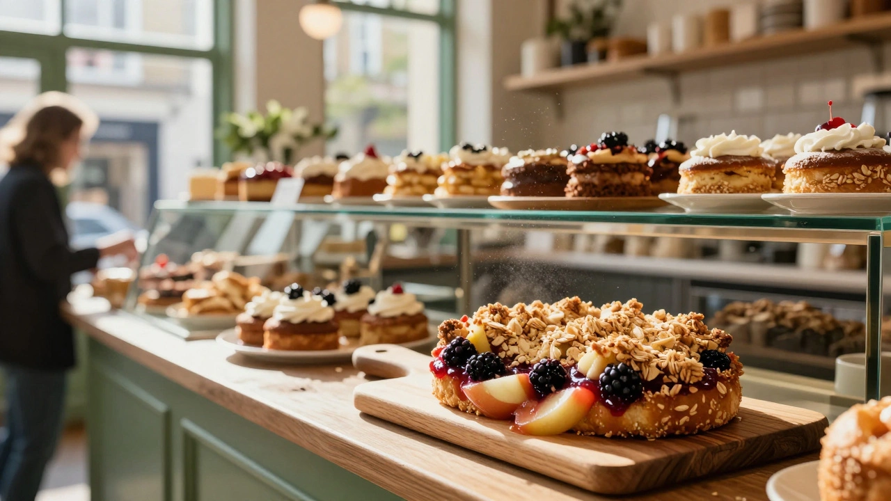 Rustic apple crumble on a bakery counter with natural light