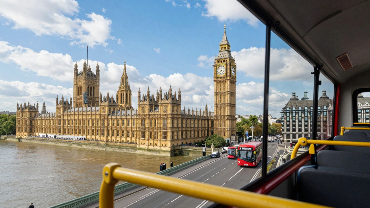 Scenic view of Big Ben and Thames from bus window