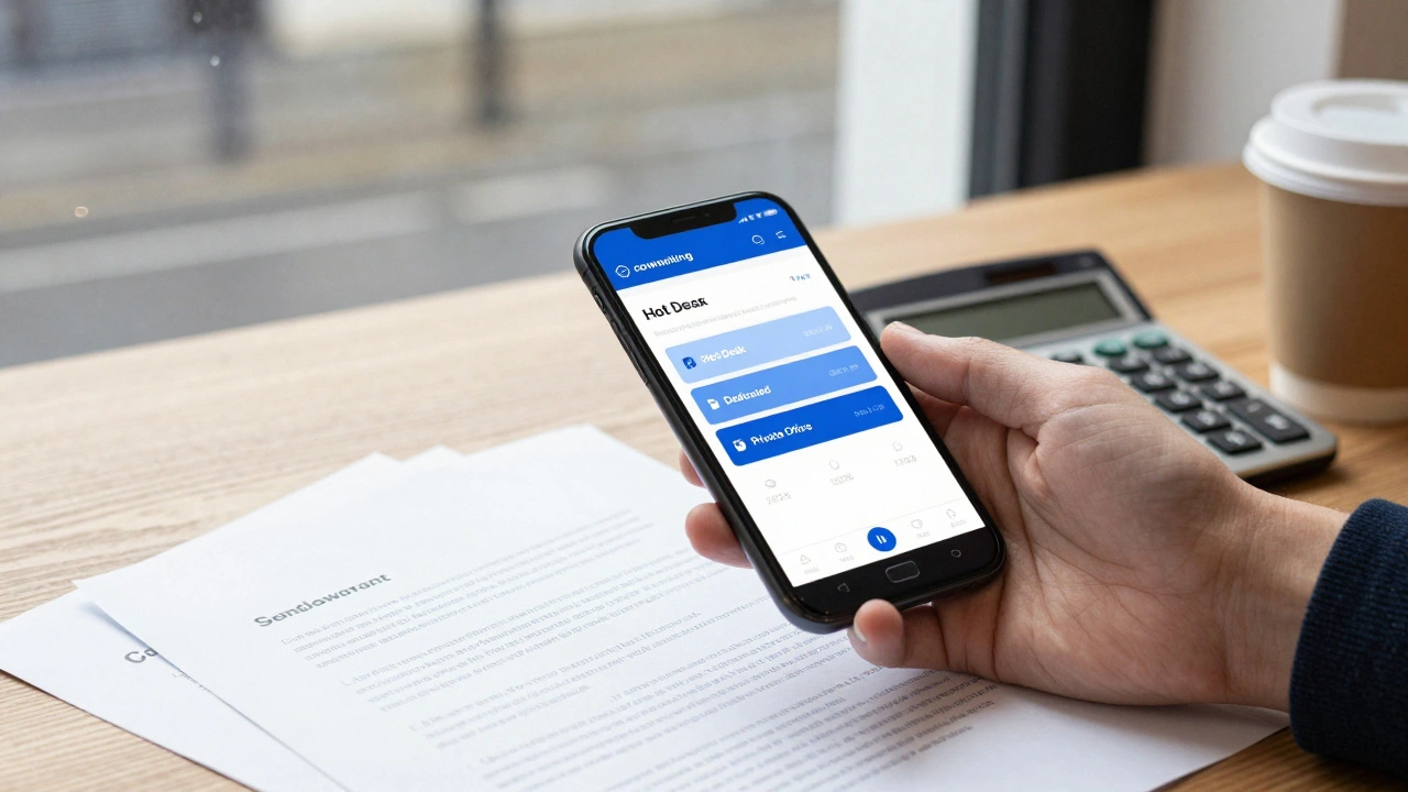 Smartphone showing coworking prices next to contracts on a table