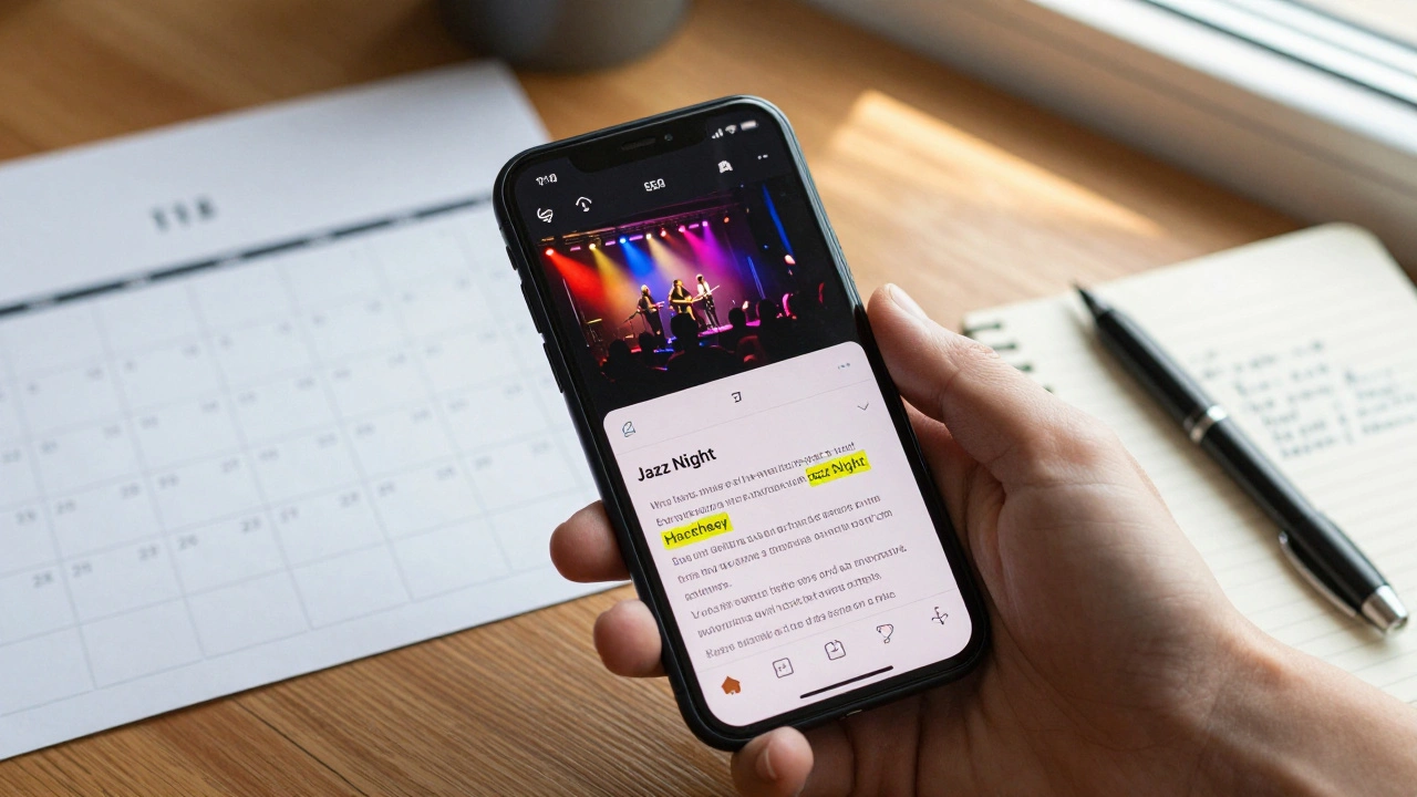 Smartphone showing event details next to planning notes on a desk