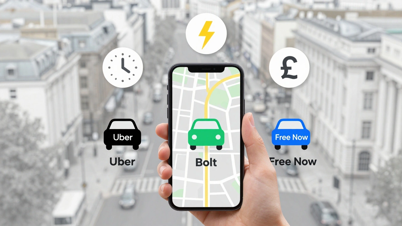 Smartphone showing map with multiple ride-hailing app cars and pricing icons