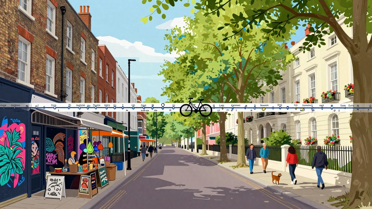 Split view contrasting gritty East London art with green South London parks